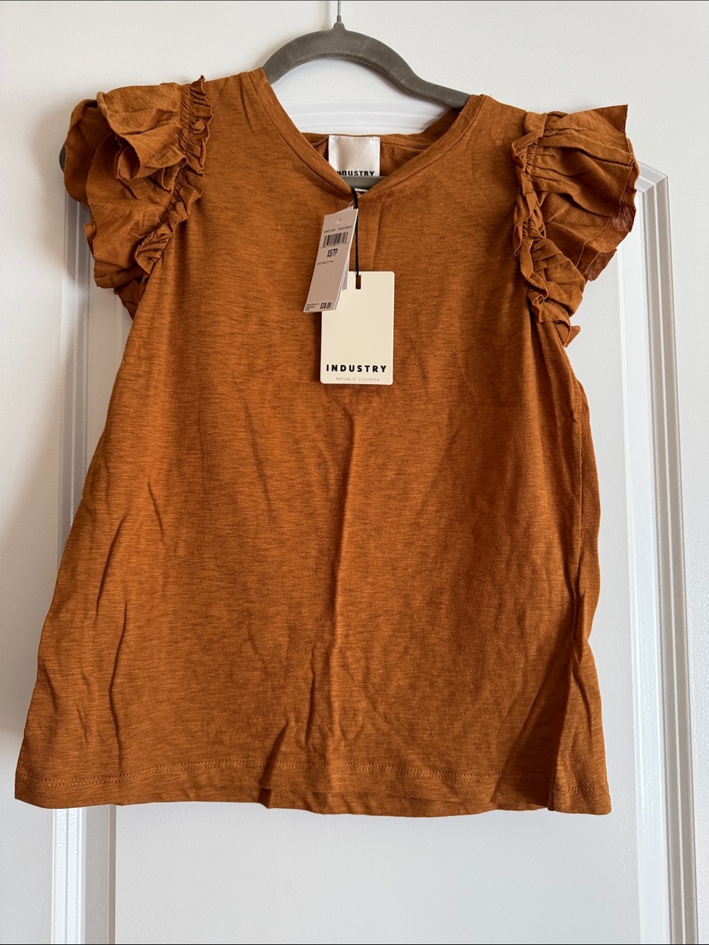 INDUSTRY Women's Ruffle Sleeve Tee in Rust Orange